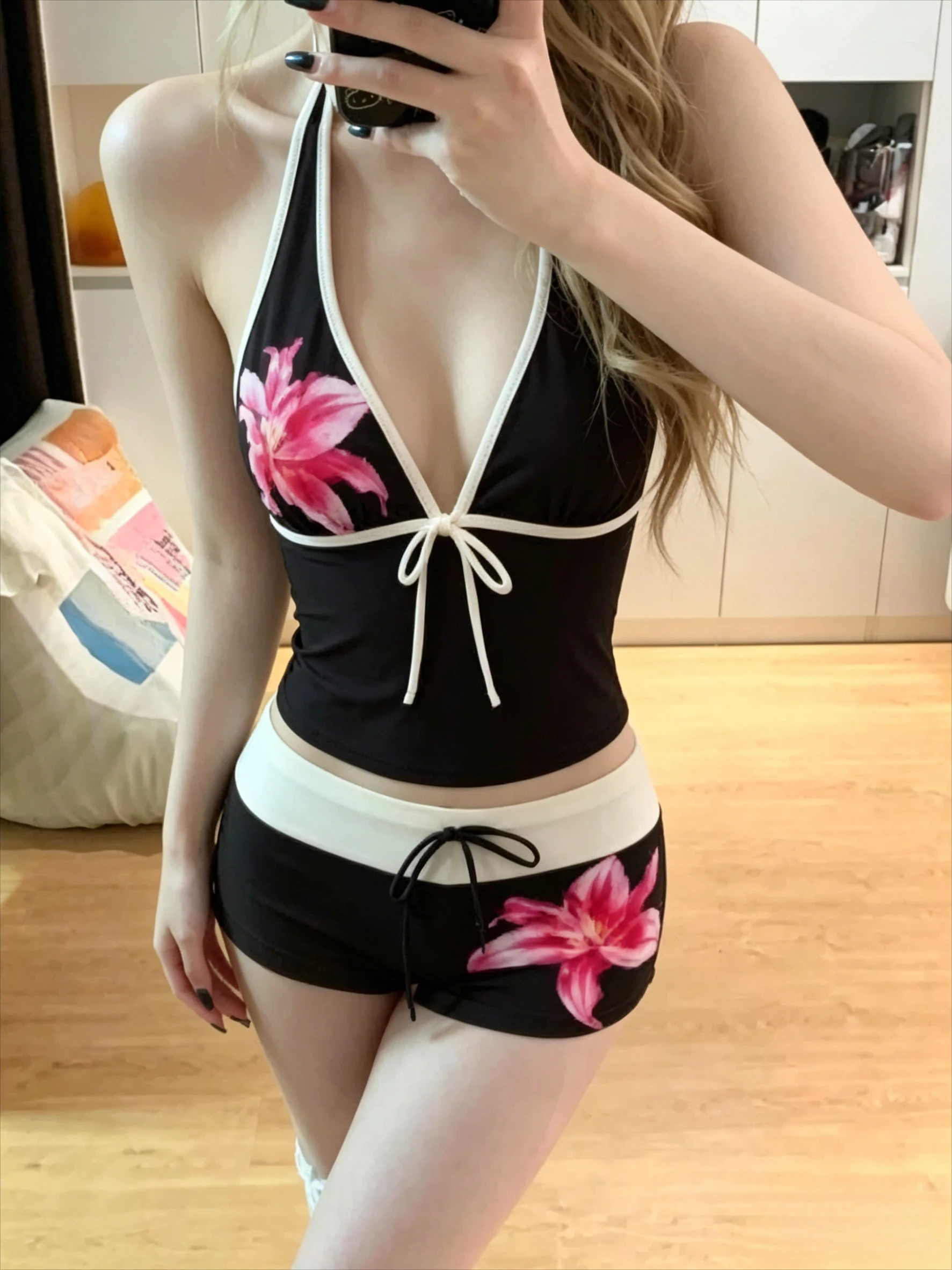 Tankini Suits Beach Style Bikini Swimwears Women 2-Piece Halter V-Neck Tie Cami Top Bodycon Contrast Waistband Swim Beachwear