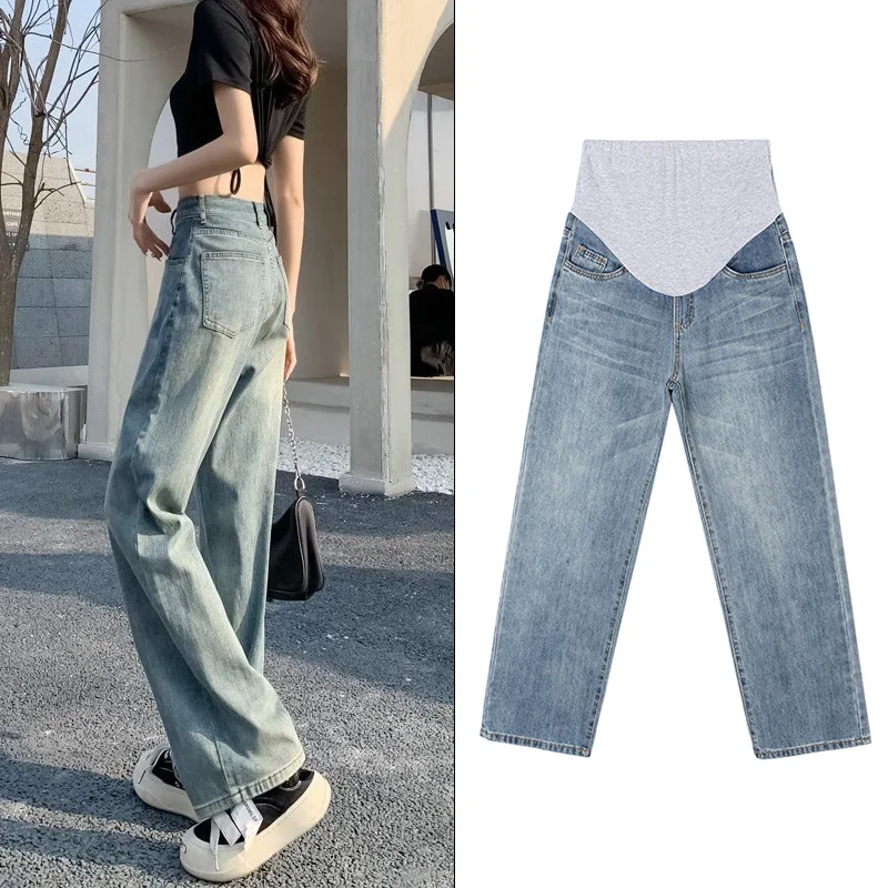 

Pregnancy Casual Denim Maternity Straight Long Jeans Wide Leg Loose Belly Pants Clothes For Pregnant Women