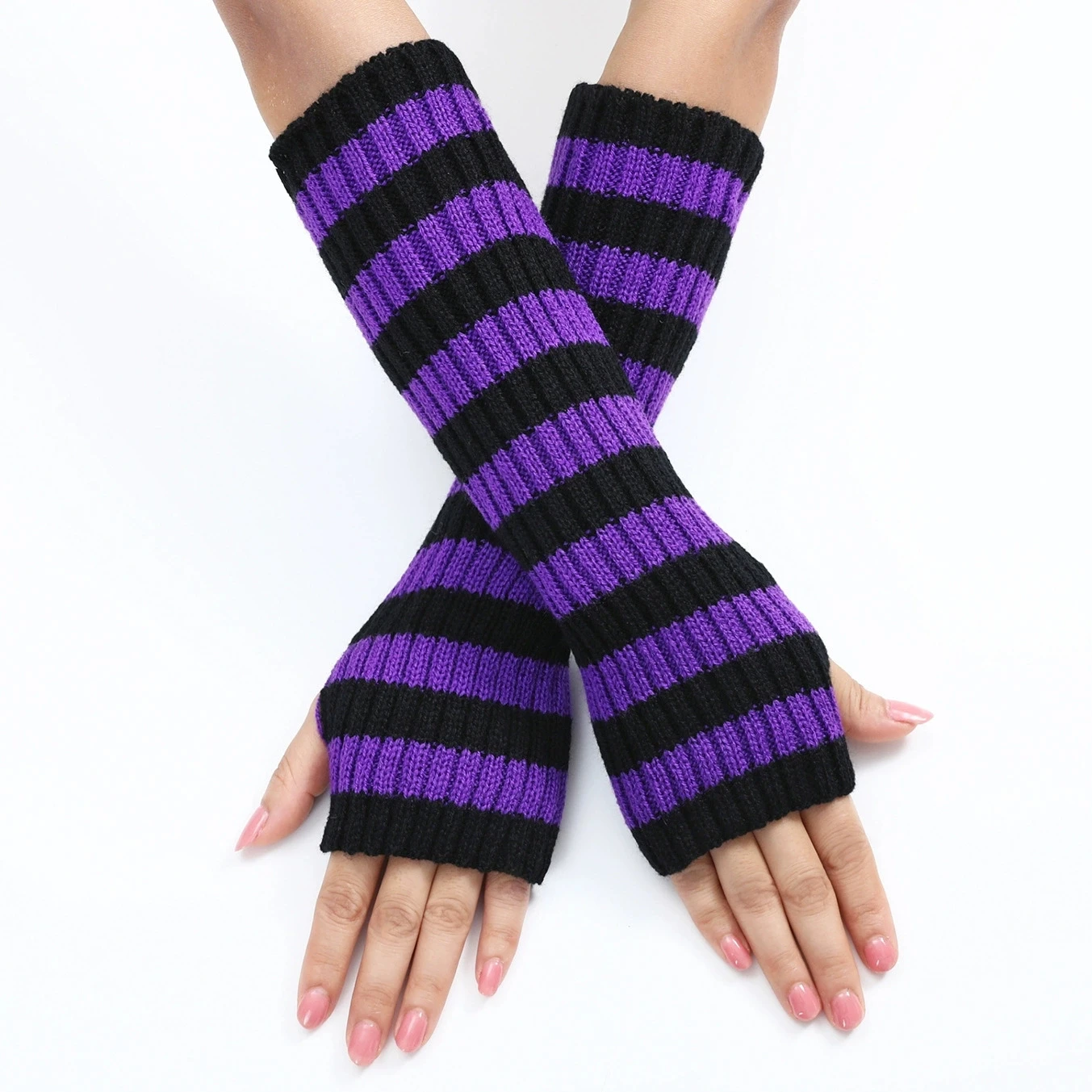 Aotvotee Autumn Winter Arm Warmers Women - Long Fingerless Knitted Gloves Striped Color Block Thermal Sleeve Covers Outdoo
