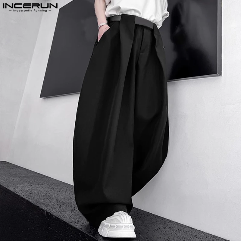 男性パンツ無地ボタンジョガーオーバーサイズ男性ワイドレッグパンツストリート 2025 プリーツファッションカジュアルズボン男性 INCERUN