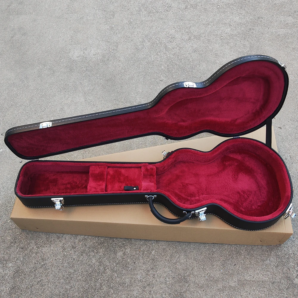 High quality guitar case for Les Paul/LP electric guitar,a black hard wood case with red lining,in stock