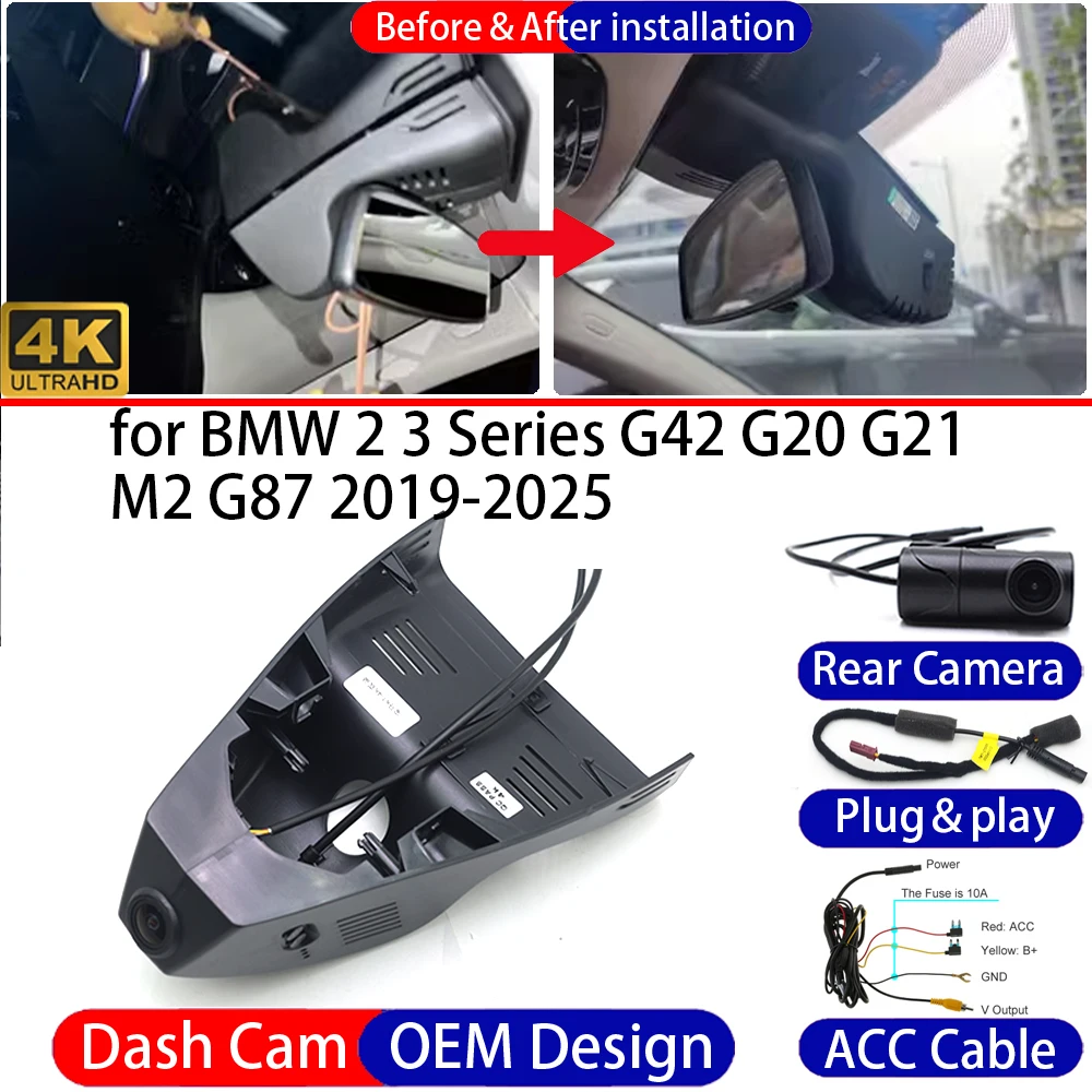 

Dash Cam for BMW 2 3 Series G42 G20 G21 M2 G87 2019-2025 Front Rear 4K Car DVR Driving Recorder Dashboard Camera Night Vision