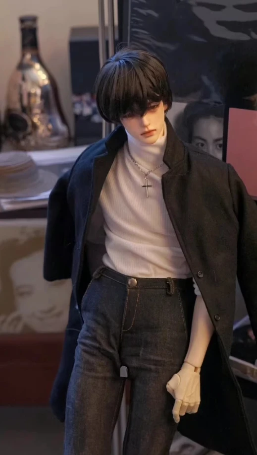 D09-P690 Kinder handgemachtes Spielzeug Onkel ID75 uf75 BJD Puppenkleidung Schwarzer Wollmantel 1St