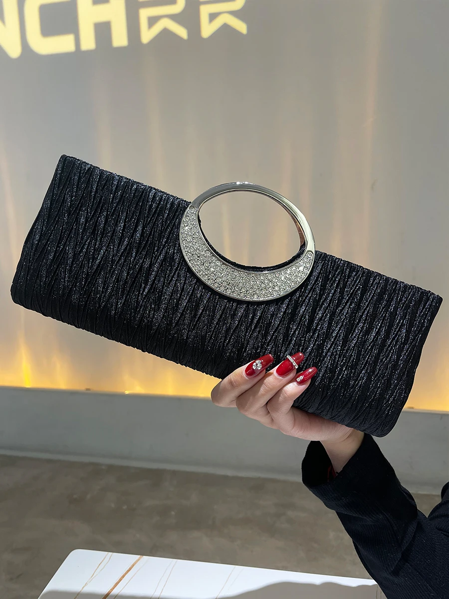 Satin Rhinestone wieczorne sprzęgło dla kobiet moda łańcuch uchwyt torebka plisowane torebki koktajl weselny torebka imprezowa szampana