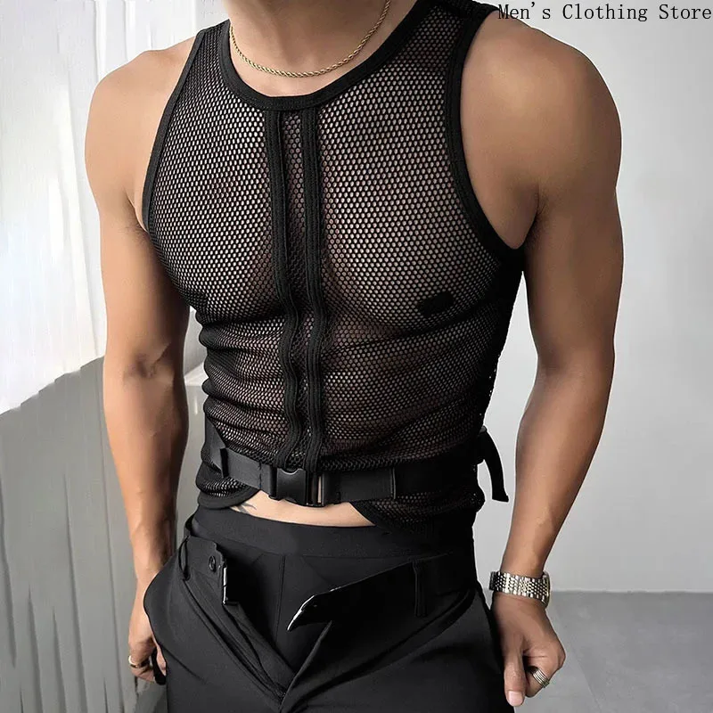 New Sexy Sheer Gauze Muscle Men's Tank Top, Breathable Cool Motorcycle Street Fashion Vest, Bar Club Party Men's Performance Top