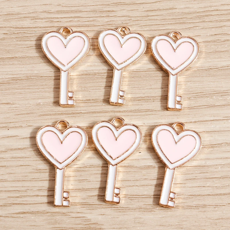 10pcs 13x23mm Cute Enamel Love Heart Key Charms Pendants for Jewelry Making Necklace Earrings Bracelets DIY Crafts Accessories