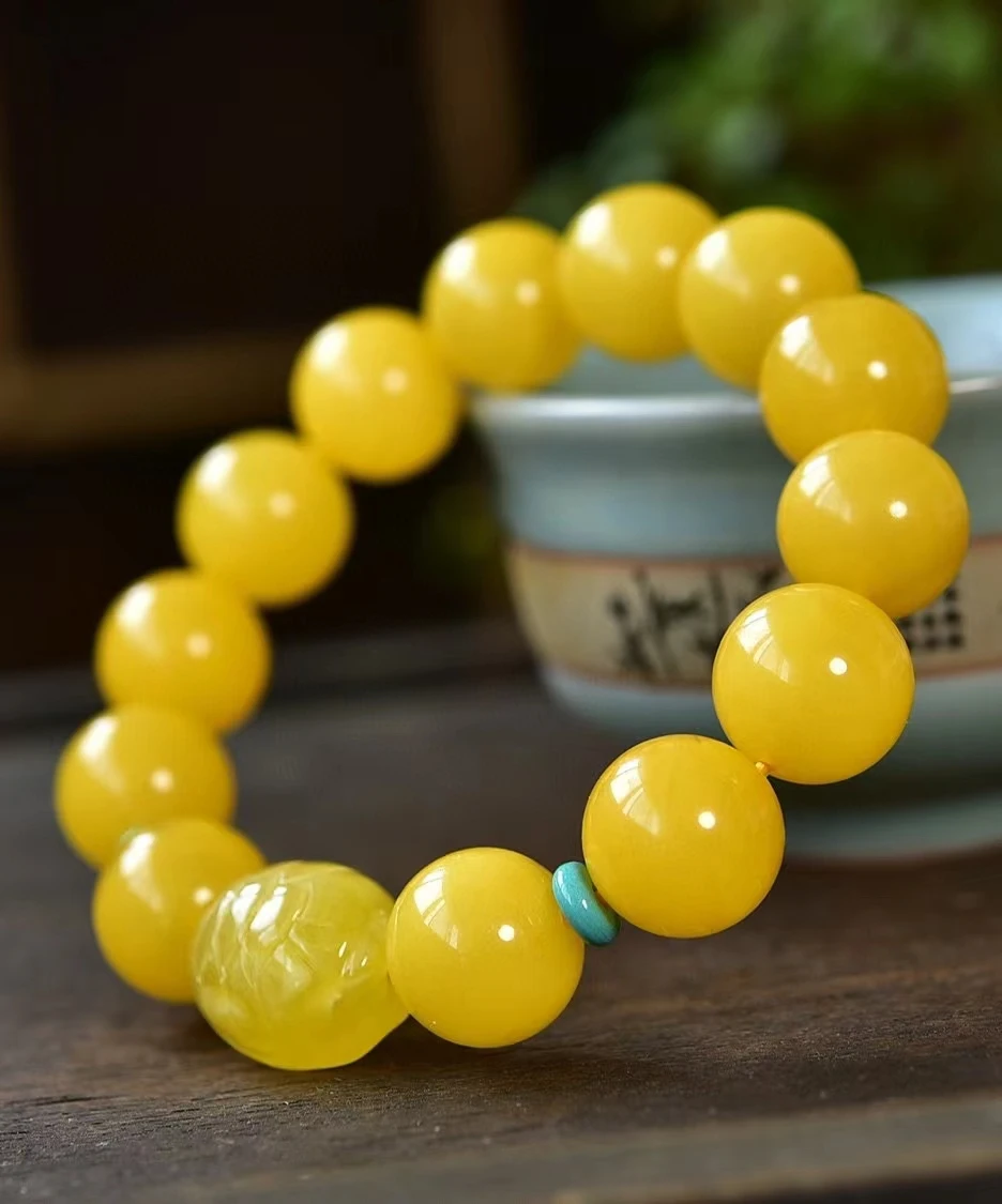 

Natural Yellow Amber Round Beads Bracelet Gemstone Women Men Healing 13.6mm Stretch Amber Jewelry AAAAAA