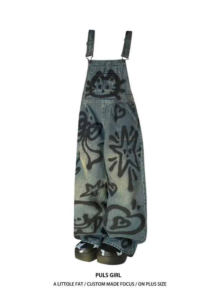 

Ретро-комбинезон из американского денима с эффектом потертости, женские свободные брюки с широкими штанинами, высокая талия, расслабленный крой, повседневный стиль High Street