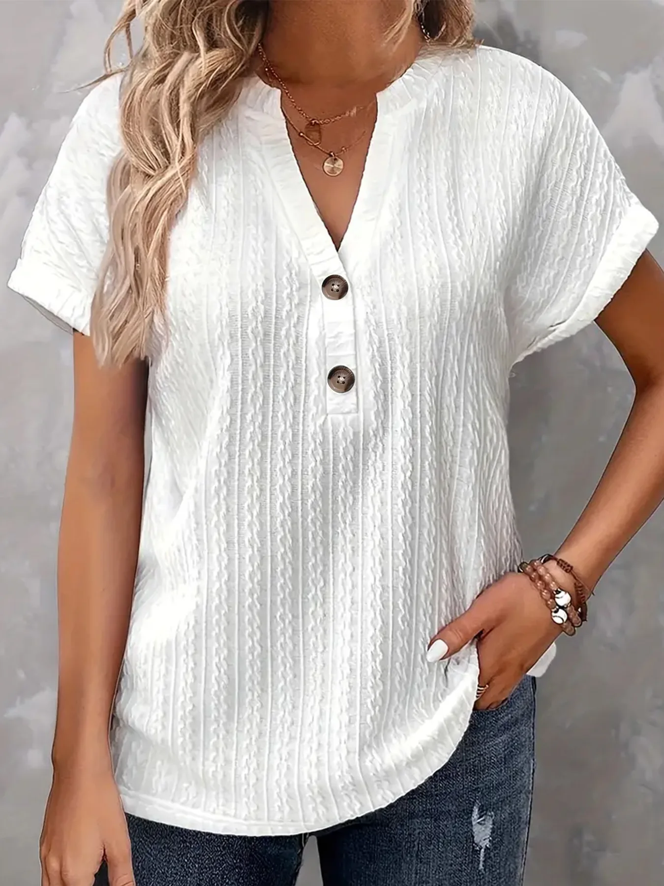 

Casual Short Sleeve Button V-Neck Shirts Fashion Loose Pullover Summer Blouses For Women