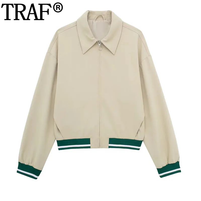 

TRAF 2024 Zipper Cropped Jacket For Women Spring Long Sleeve Bomber Jacket Coat Streetwear Loose Demi-Season Jacket Outwear