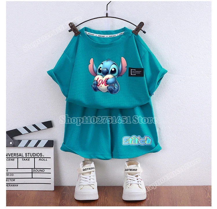 

Disney Stitch T-shirts Shorts 2pcs Suit Kid Casual Top Bottom Outfits Tracksuits Kawaii Cartoon Stich Print Waffle Tops Pant Set