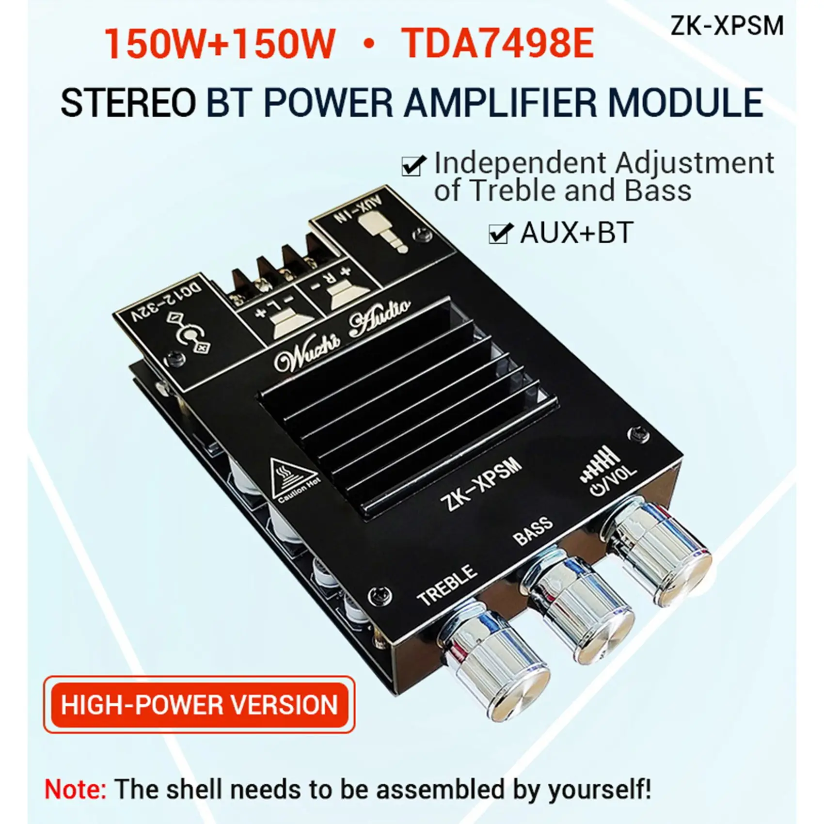 Placa amplificadora de Subwoofer, amplificador de Audio estéreo de alta potencia, TDA7498E, 150Wx2, ajuste de agudos y graves, Bluetooth, ZK-XPSM