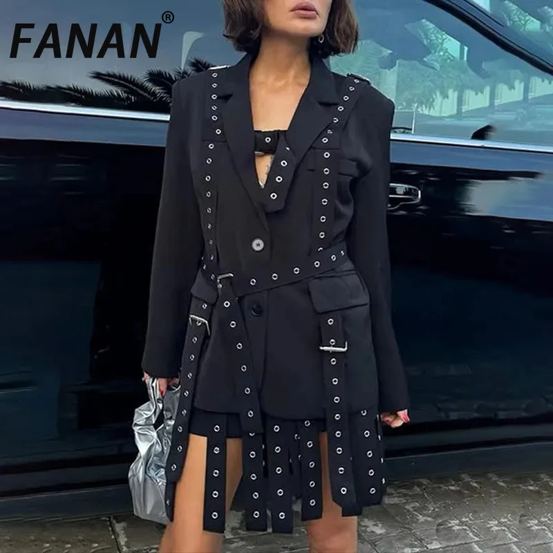 

FANAN однотонные свободные блейзеры с ремнями, женские повседневные блейзеры с зубчатым воротником и длинными рукавами в стиле пэчворк на пуговицах, новинка осени 2023 г.