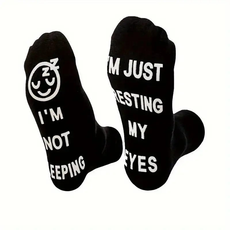 5Pairs I'M JUST RESTING MY EYESB Unisex Winter Mid-calf Socks Warm Happy Non-slip Socks Street Style Sock Fashion Letter Sock