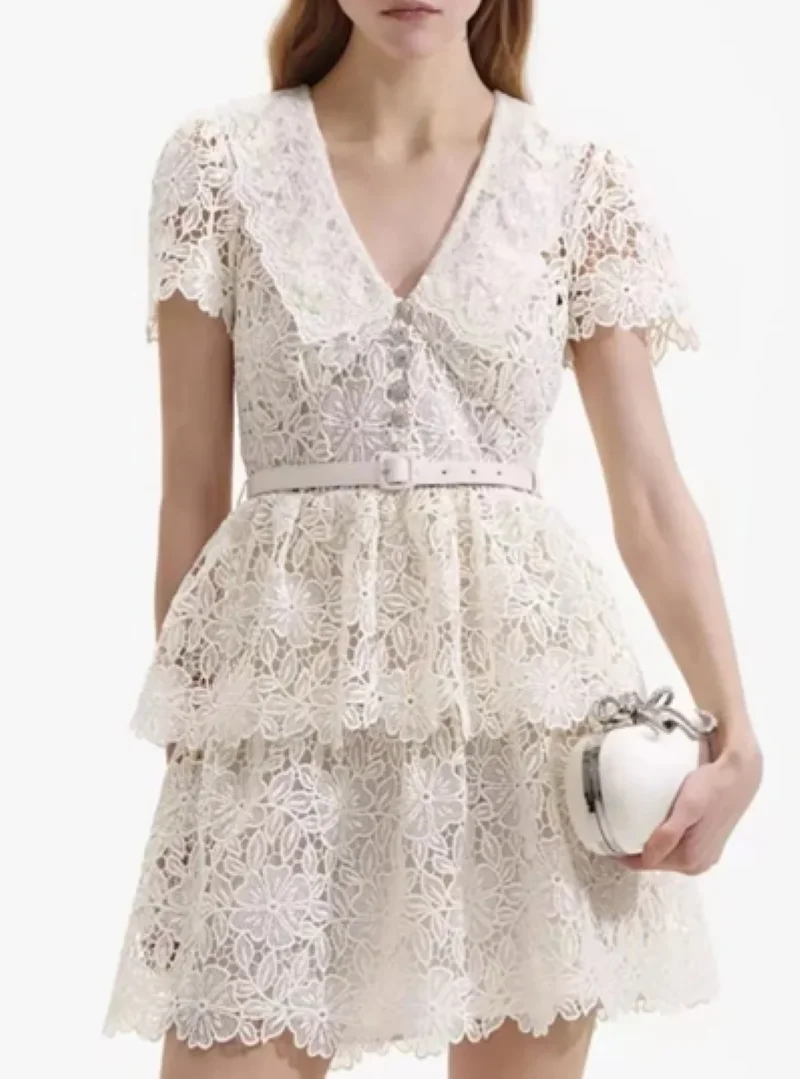 

Summer 2024 Women Mini Dress Lace Embroidery Short Sleeve Turn Down Collar High Waist Sweet Robe