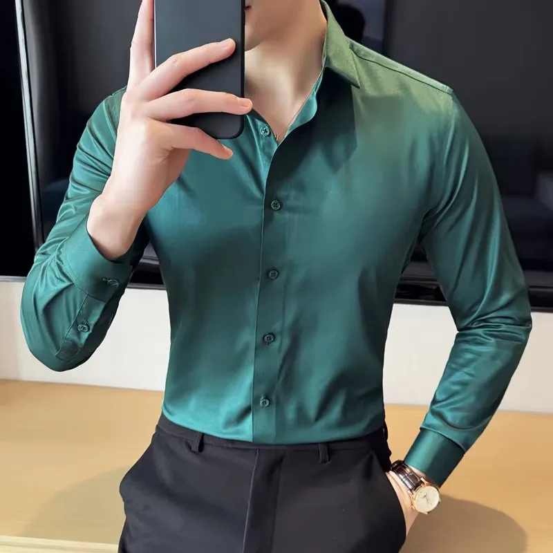 2026 New Men's Blue Stretchy Wrinkle-Free Shirts, Gray Black White Red Green Asia Size Plain Long Sleeve Office Dress Shirt