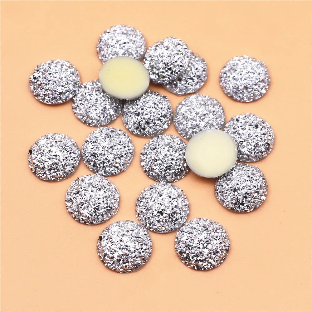 50pcs 16mm Round Shiny Silver Druzy Stone Surface Resin Flatback Cabochon DIY Craft Accessories