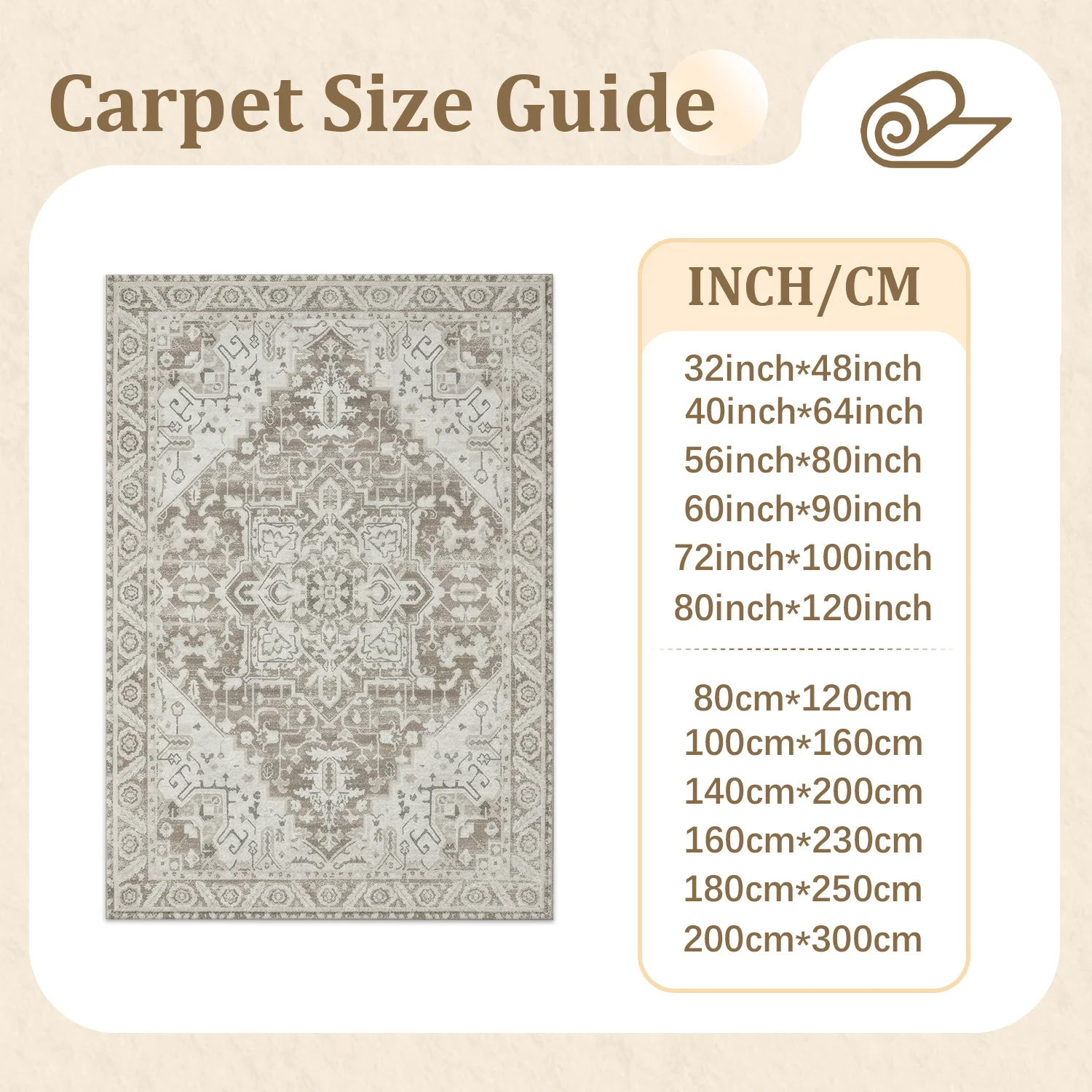 Large Indoor Area Rug, Soft Velvet Low Pile with Non-slip Dotted Backing, Machine Washable Vintage Medallion Neutral Beige Gray Floor Rug, Distressed Traditional Persian Style Carpet for Living Room Bedroom Home Decor