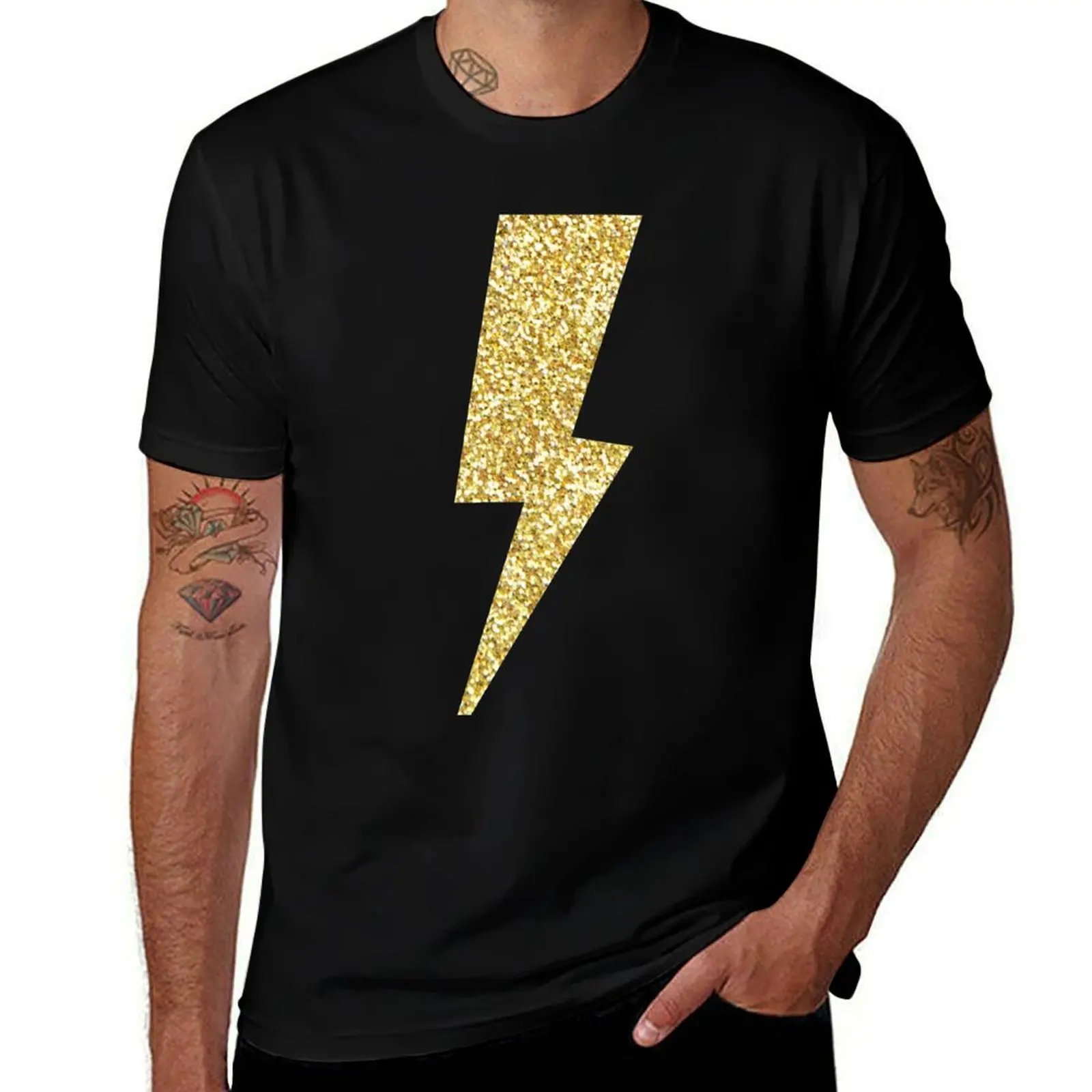 

Sparkly Gold Lightning Bolt T-Shirt blanks blue lock korean fashion anime clothes oversized t shirts for men