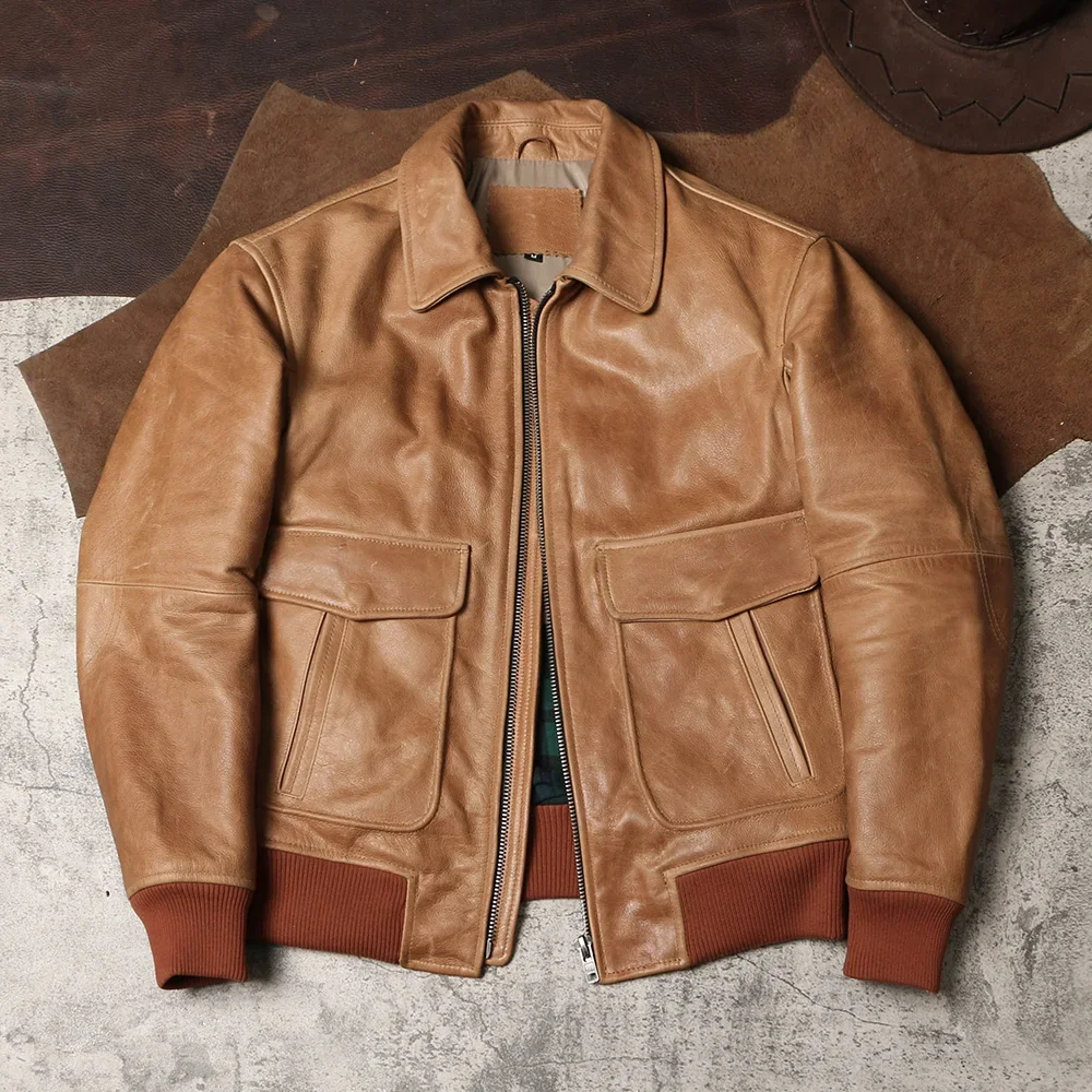 A  Turmeric Retro A2 Flight Suit Leather Jacket Wax Uncoated Top Layer Cowhide Leather Jacket Men's Lapel Leather Jacket