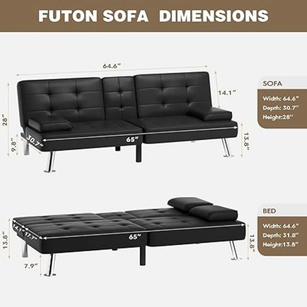 Sofá-cama futon, sofá futon de couro com braços removíveis, sofá-cama reclinável ajustável com porta-copos duplos