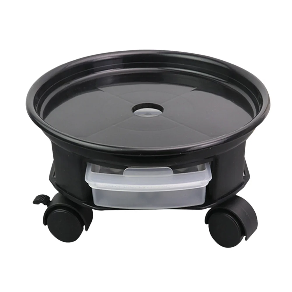 

27cm Round Flower Pot Tray Black with Universal Bottom Wheel Removable Base and Storage Drawer Practical Plant Pot Stand