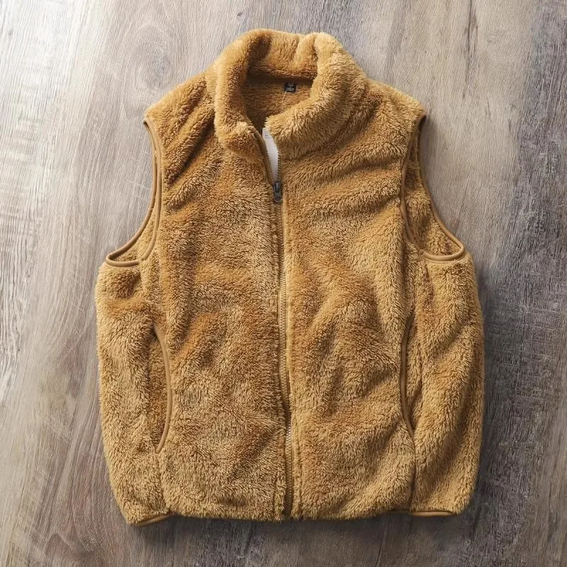 

Men's Loose Fit Coral Fce Vest Thiened Warm Stand Collar Casual Outerwear Winter Youth Faion Color Zipper Closure