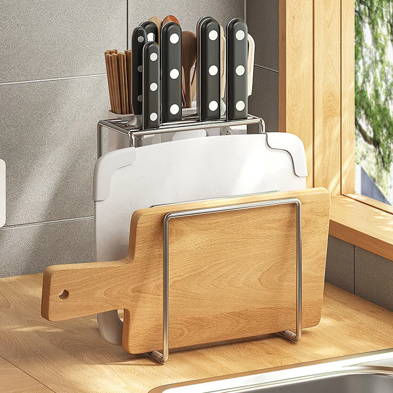 

Multi-Functional Kitchen Cutting Board Storage Rack: Stainless Steel Knife Holder, Kitchen Organizer Accessories