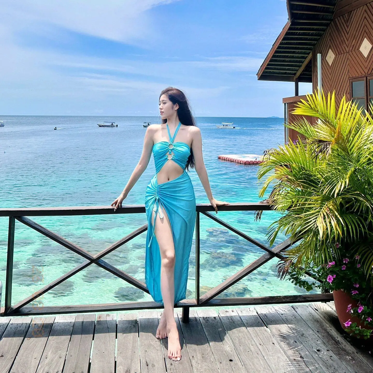 2024 sexy hollow long dress separate swimsuit female beach holiday skinniness cover meat pure want to wind seaside photos