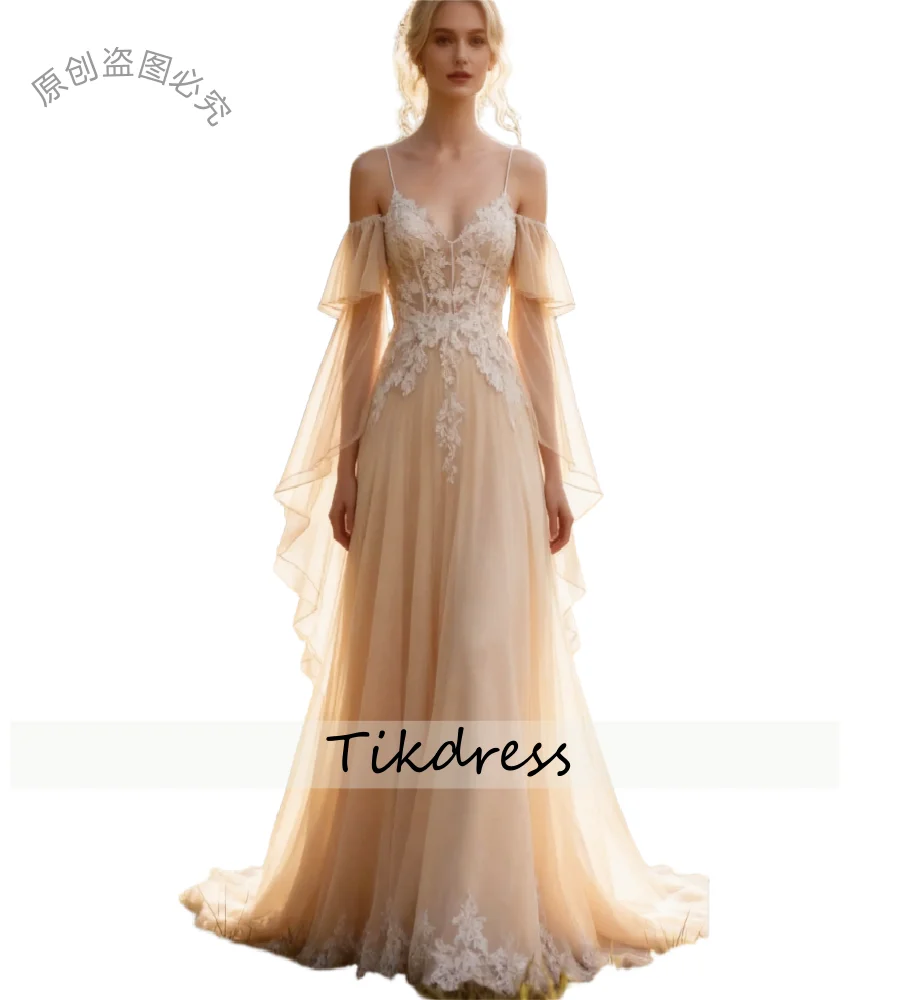 Enchanting Boho Champagne Wedding Dress 2026 Fairy Spaghetti Straps Garden Forest Bridal Dress Lace Bohemian Rustic Country Gown