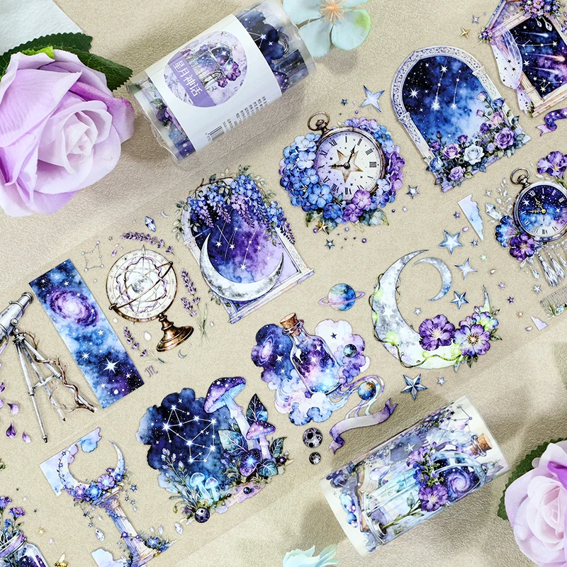 70mm*200cm Vintage Dream Star Moon Clock Landscape PET Tape Creative DIY Journal Material Collage Scrapbooking Stationery
