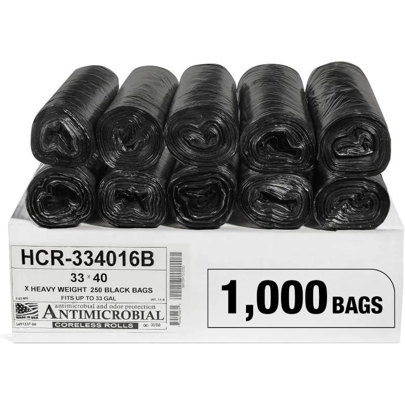 High Density Trash Bags, 33 Gallon, 1000 Count, 16 Micron (Equivalent), 33