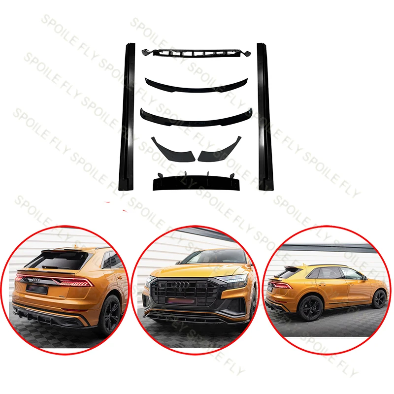 For Audi Q8 S-Line SQ8 MK1 2019 2020 2021 2022 2023 High Quality Body Kits Spoiler Bumper Lip Side skirts Set Glossy Black