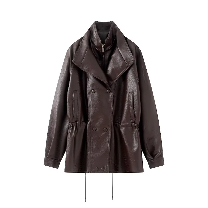 Foreign Trade Spring Autumn New European and American Style Fashion Mid-length Double-breasted Stand-collar PU Leather Jacket