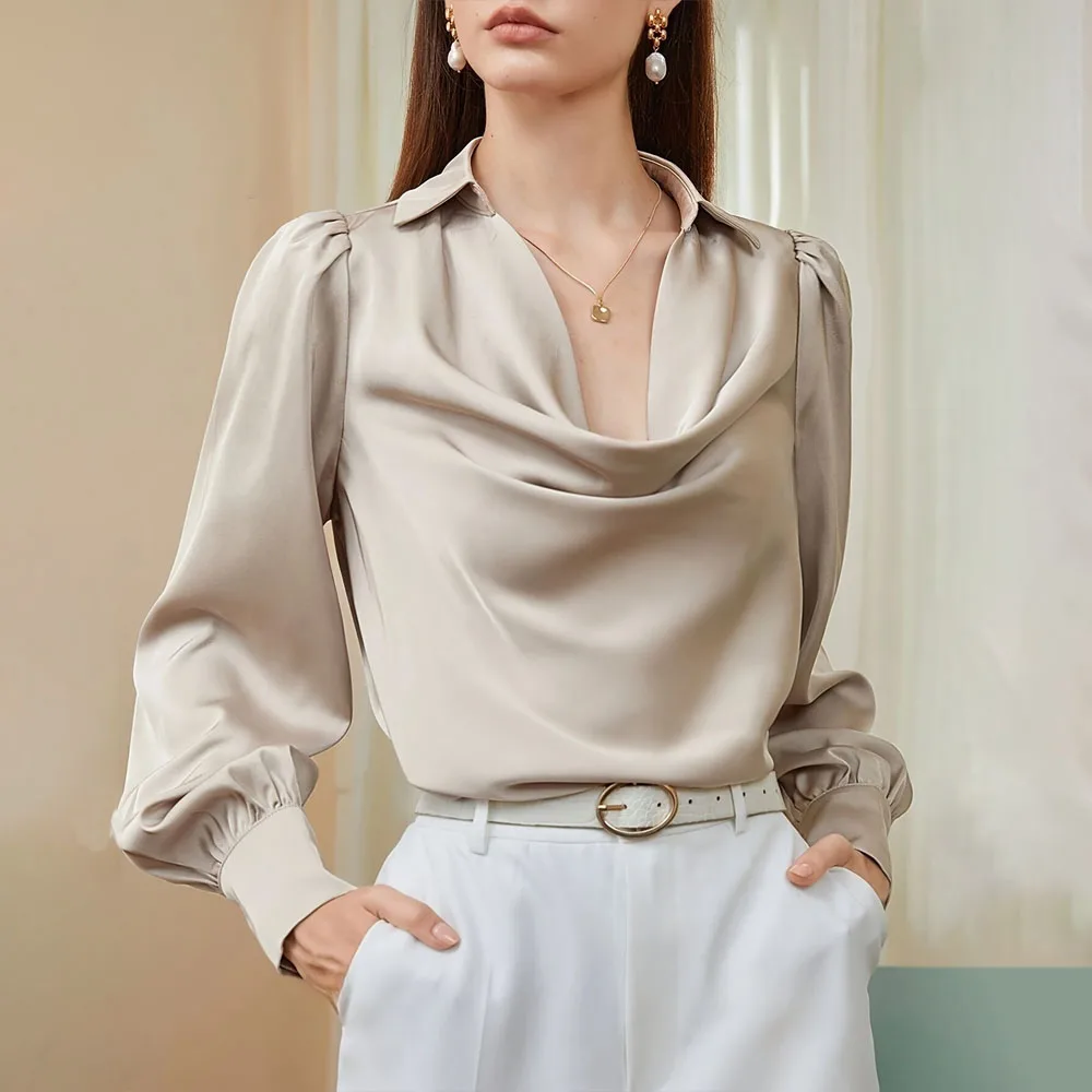 

Элегантный стиль, женские свисающие складки с V-образным вырезом, атласные тканевые рубашки с длинными рукавами-фонариками, легкие дышащие повседневные офисные топы