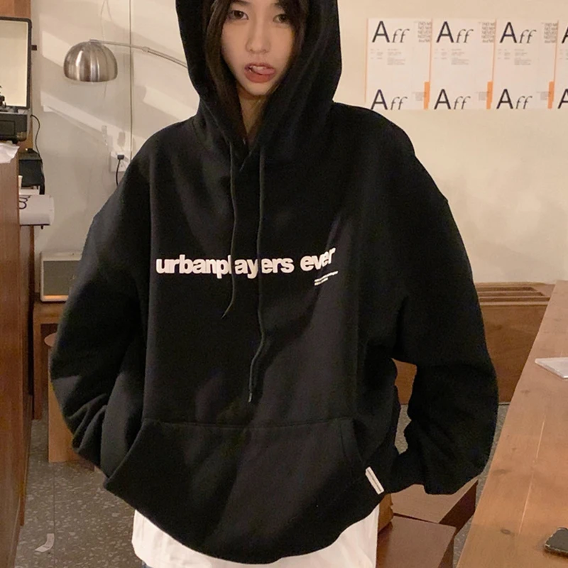 Letter Print Hoodie Women Korean Fashion Casual Y2k Streetwear Pullover Tops Hoodies Autumn Winter Thicken Oversized Sweatshirt