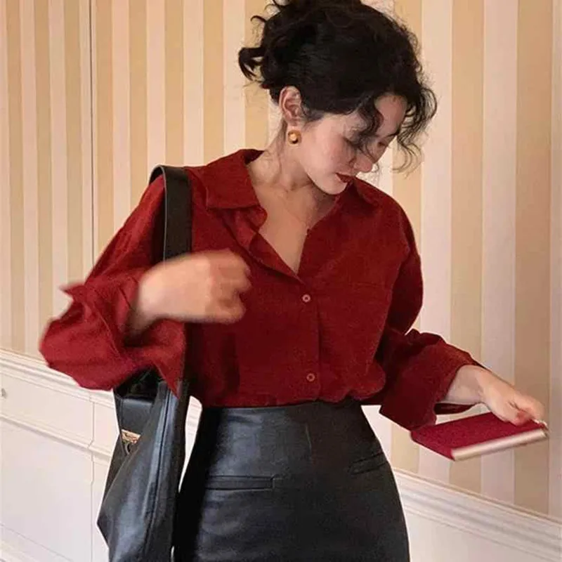 

Женский длинный све с красным воротником в стиле ретро, гонконгский свободный топ на пуговицах в Корейском стиле, весна-осень