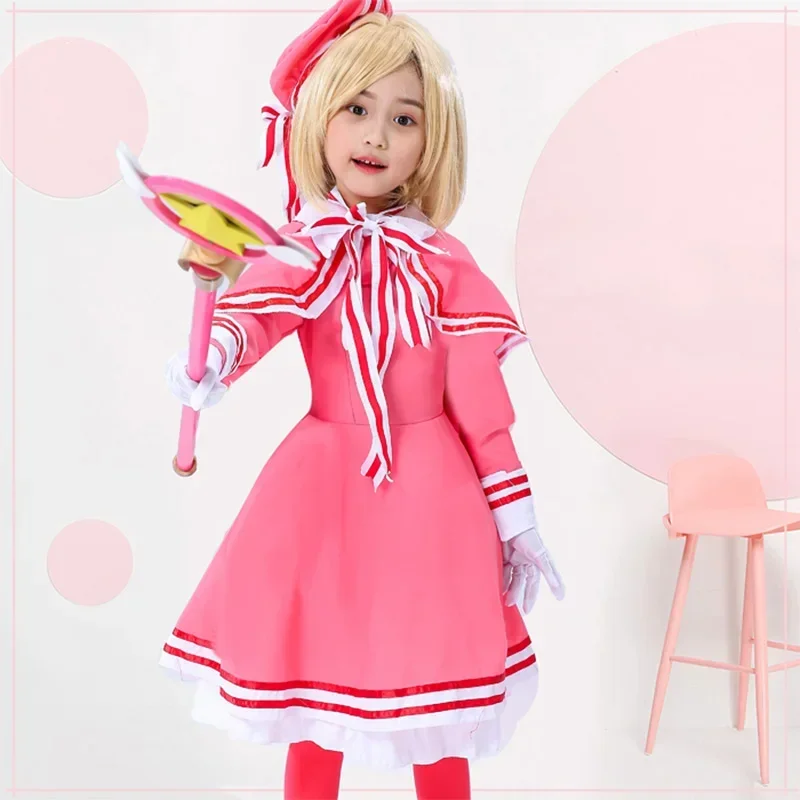 Disfraz de cosplay de Anime Card Captor Sakura, disfraz de cosplay de Kinomoto Sakura, vestido rosa para niñas con sombrero, conjunto completo de vestido lolita