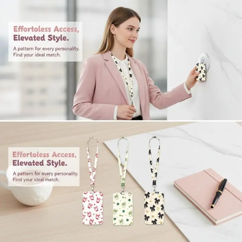 @*Cute Bow Lanyard with Clear ID Badge Holder Durable Detachable Strap for Concert Ticket Work Badge Student School Use