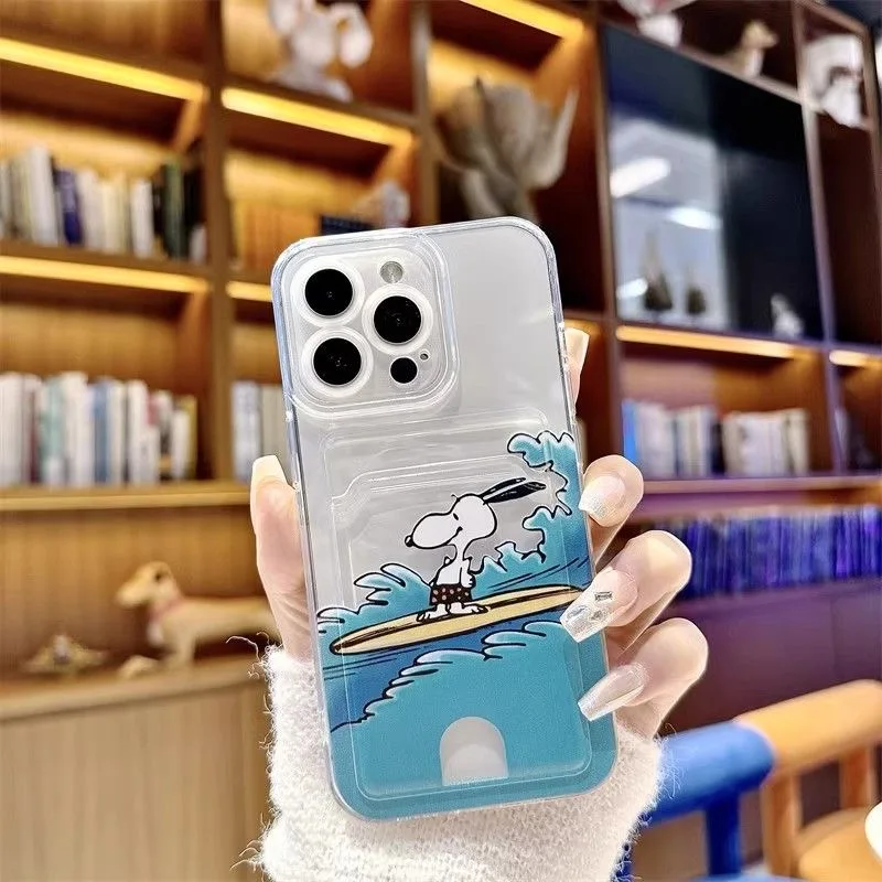 Funny Cartoon Cute Surf Snoopy Wallet Card Bag Clear Soft Phone Cover For iPhone 16 15 13 14 11 12Pro Max XR Lovely Snoopy Case