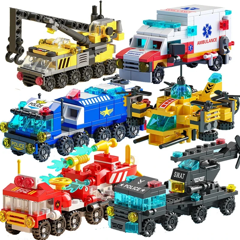 100+Pcs 6in1 Swat Police Command Truck Building Blocks City Helicopter Bricks Kit Educational Toys For Children