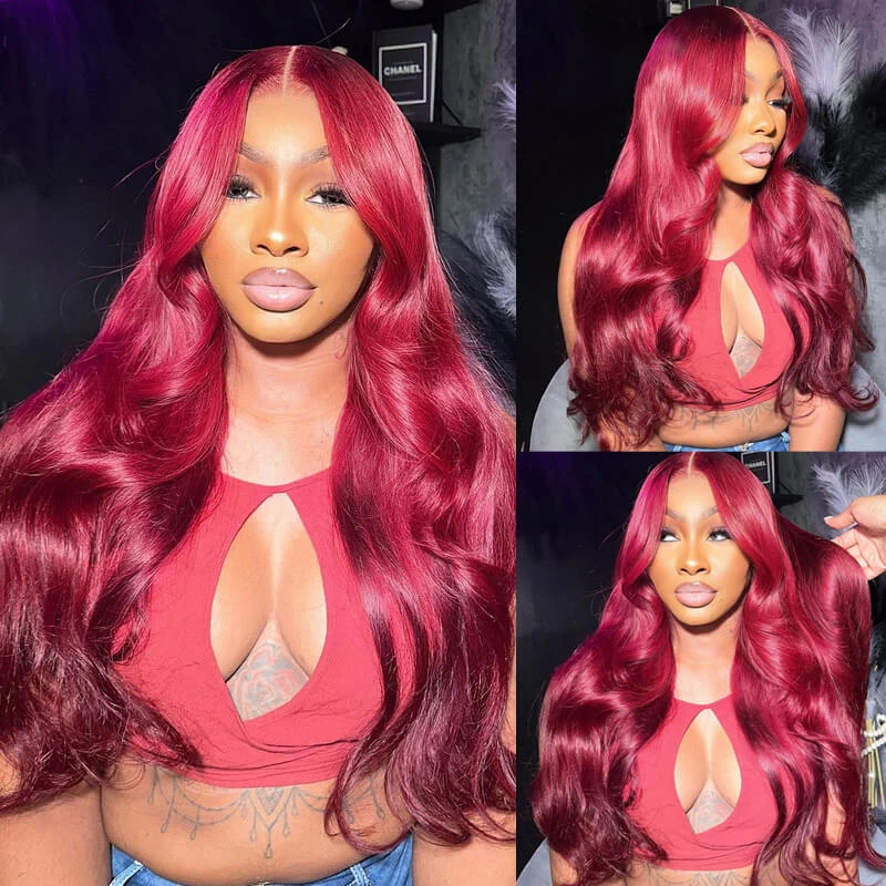

Burgundy 99J Body Wave 13x4 lace front human hair wig 30 Inch Pre Plucked Brazilian Water Wave Colored For Women HD lace wigs