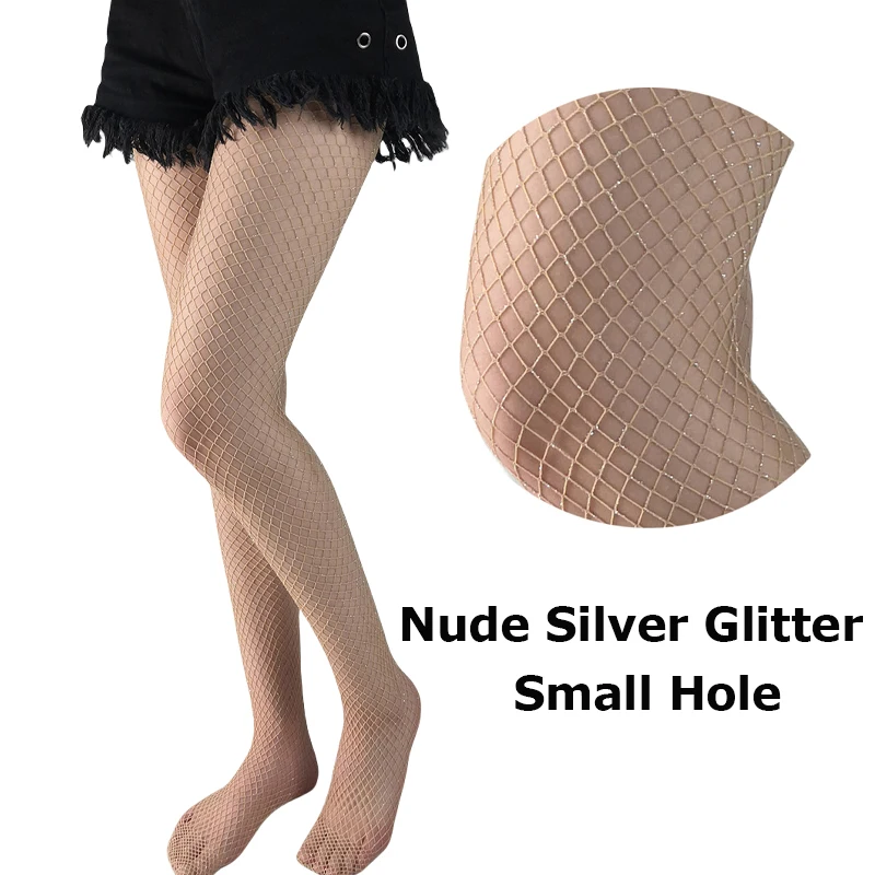 Summer Women Fashion Gold Glitter Silver Glitter Fishnet Carnival Tights Mid-rised Black Nude Color Mini Small Medium Big Hole