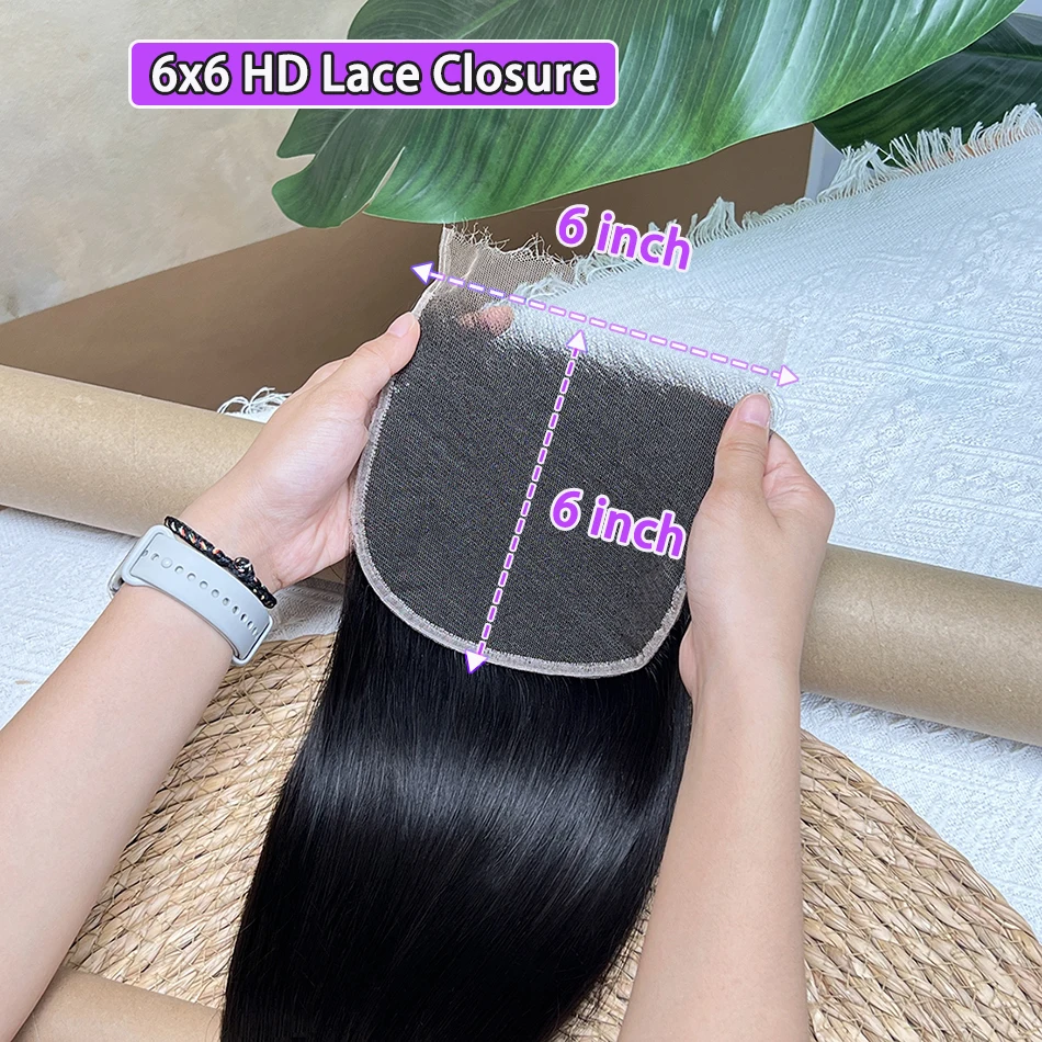 Straight 6x6 HD Invisible Lace Closure Human Hair #1B Natural Color Deep Parting Preplucked Bleached Knots Lace Raw Virgin Hair