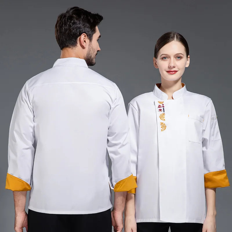 C144 Blue Catering Chef's Work Clothes Long Sleeved Kitchen Clothes Embroidery Waitress Jacket  Chef Coat