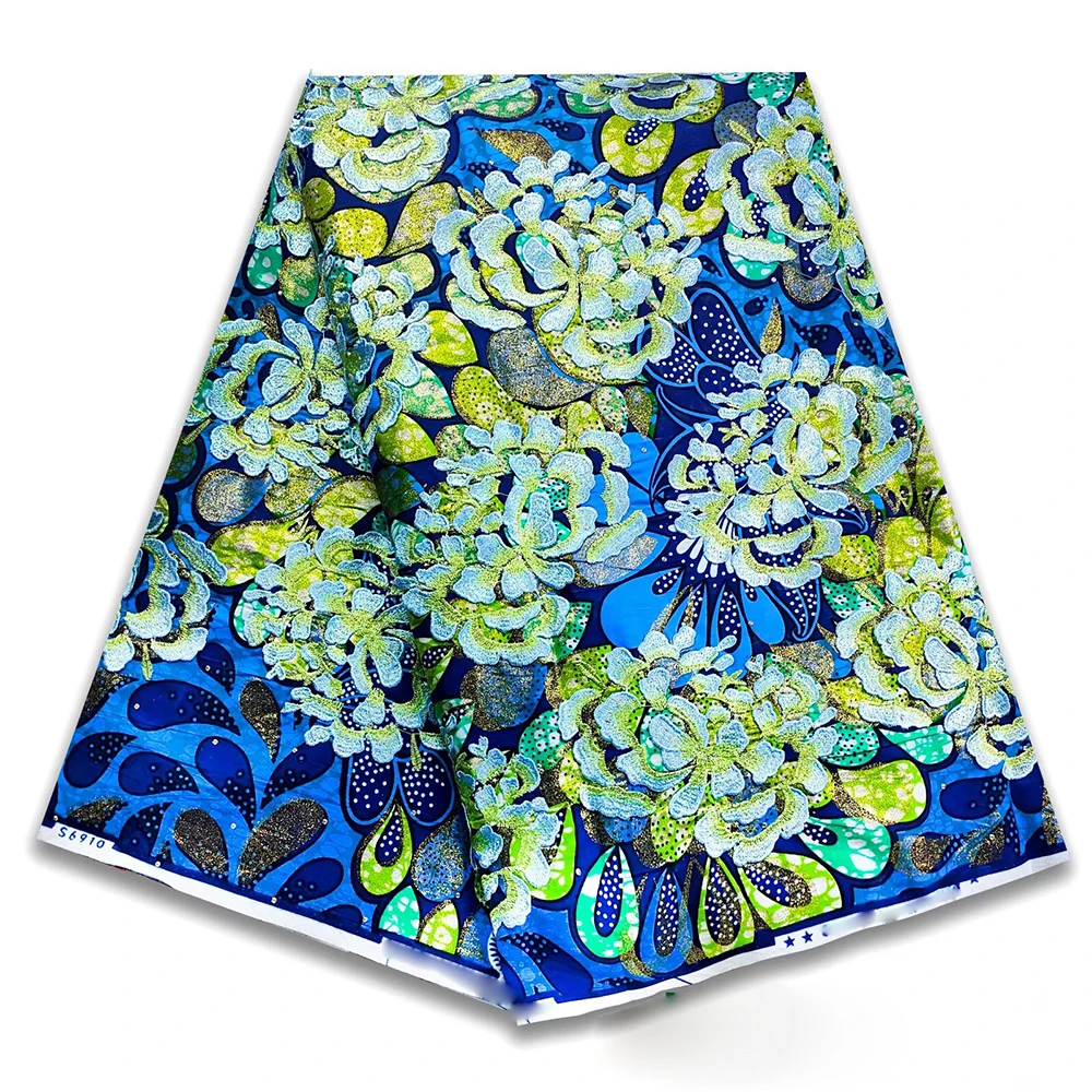 

Golden Wax Fabric With Embroidery Flower 100% Cotton African Wax Prints Pagne Nigeria 6 yards For Women Sewing Dress Loincloths
