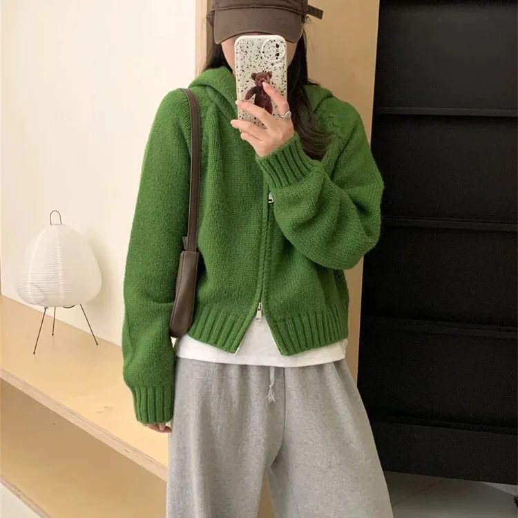 

2023 New Women's Loose Fit Hooded Knitted Sweater Double Zipper ort Cardigan Pure Color Autumn Winter Outerwear Top