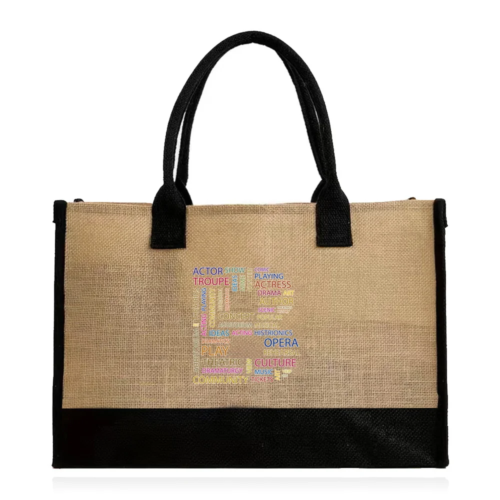 Bolso de compras de yute para mujer, bolsa de playa de gran capacidad, estampado de texto, serie de letras, Totes informales