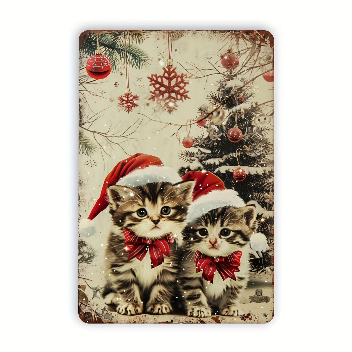 Vintage Christmas Kitten Metal Tin Sign,  Festive Wall Decor for Home, Pet Stores, Coffee Shops, Restaurants, Offices, Books