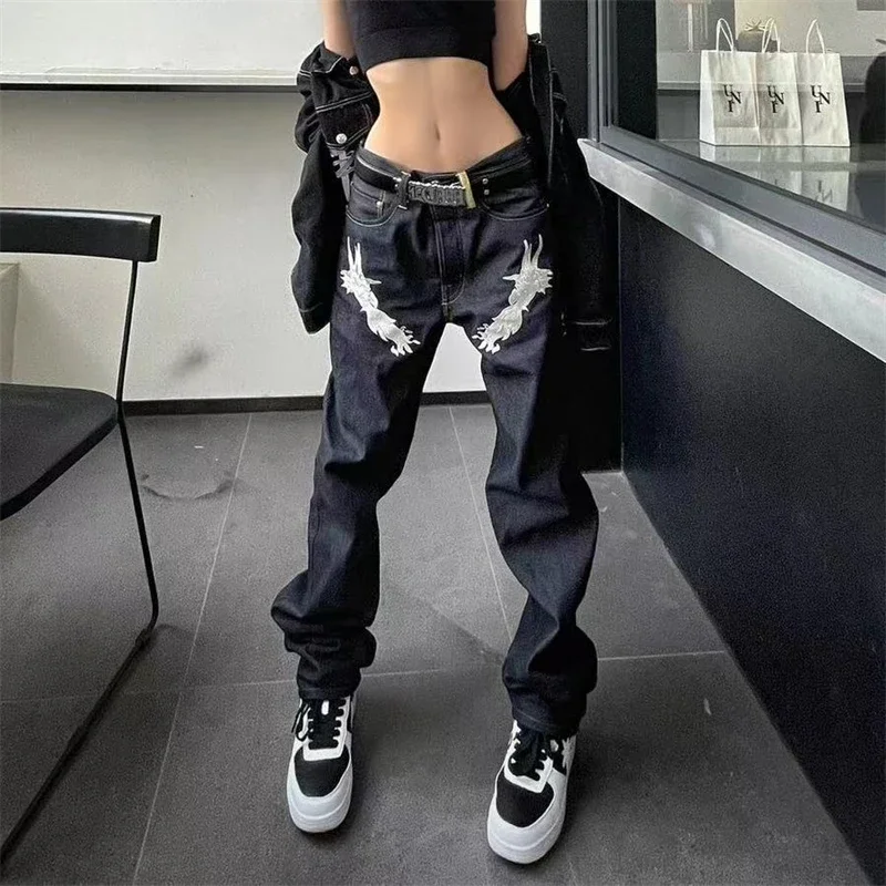 Women's Personalized Embroidered Narrow Straight Black Jeans High Waisted Straight Trouser Streetwear Casual Unisex Denim Pants